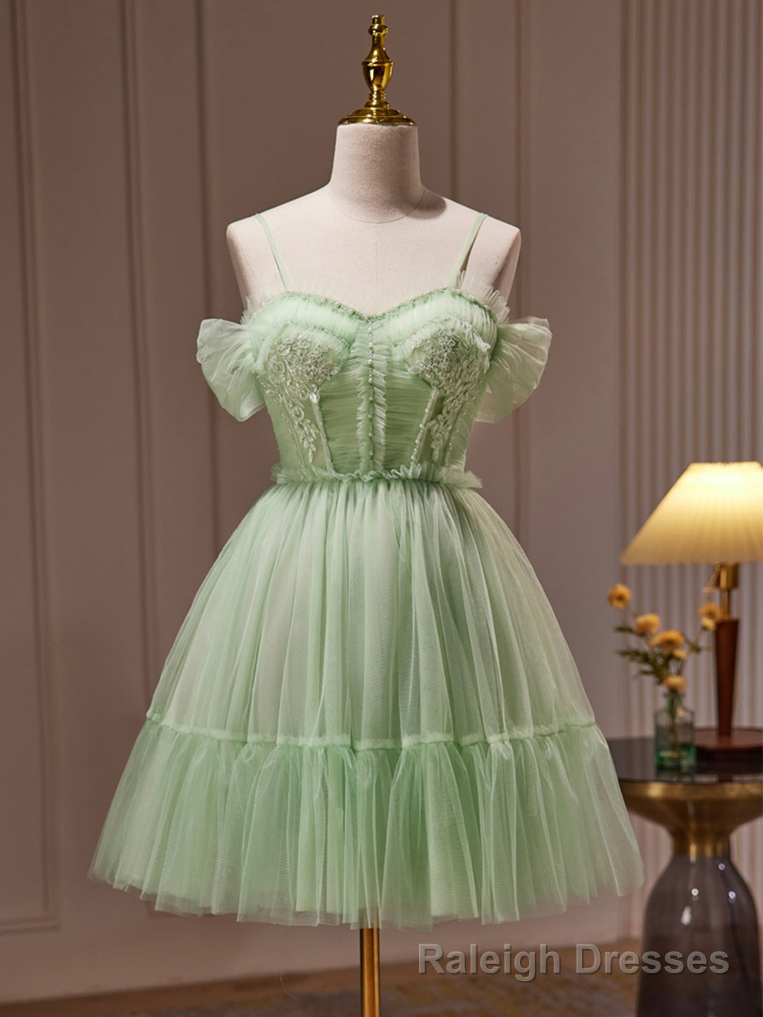 Green Tulle Lace Short Prom Dress, Cute Homecoming Dress, Green Prom Dress