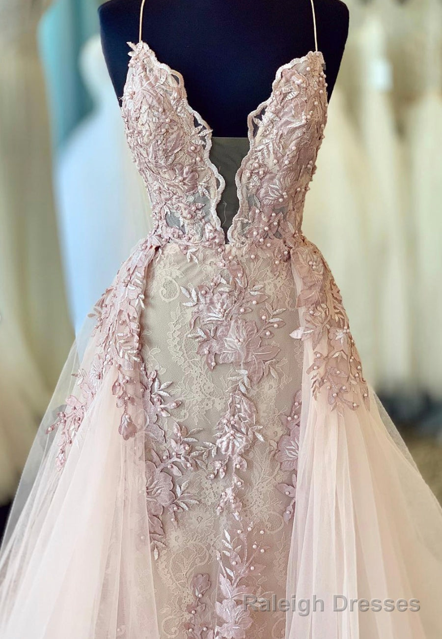 Plunging V Neck Lace Long Prom Dresses, Pink Prom Dresses