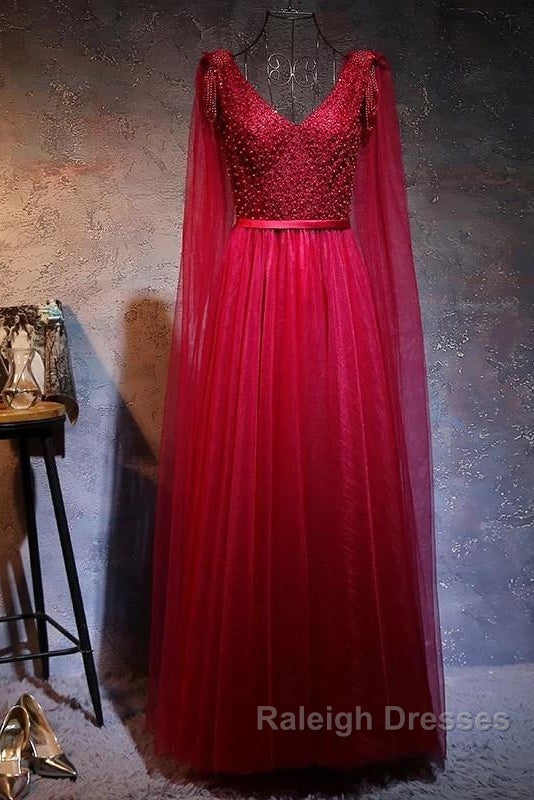 Love Pearl Beaded V Neck Long Burgundy Evening Dresses