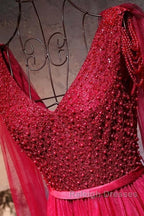 Love Pearl Beaded V Neck Long Burgundy Evening Dresses