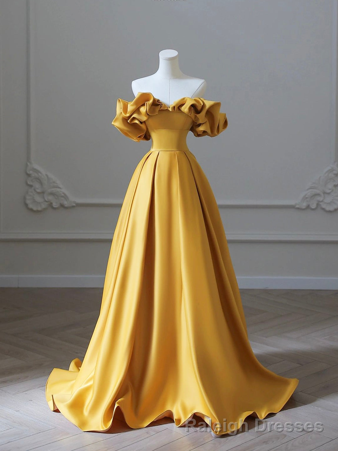 Yellow Satin Long Prom Dress, Off Shoulder A-Line Evening Dress Main image