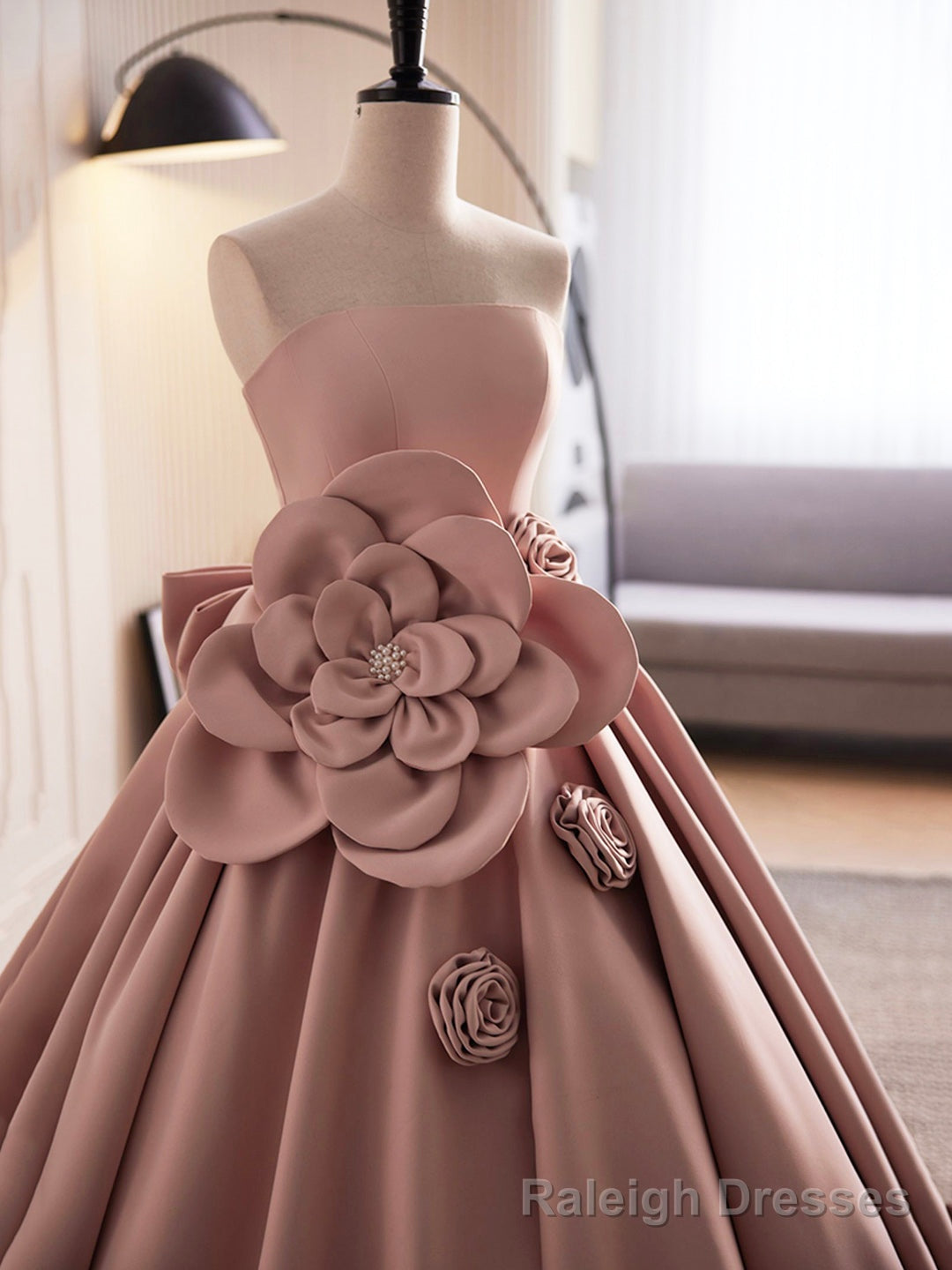 Pink Strapless Satin Long Prom Dress, Beautiful A-Line Evening Dress