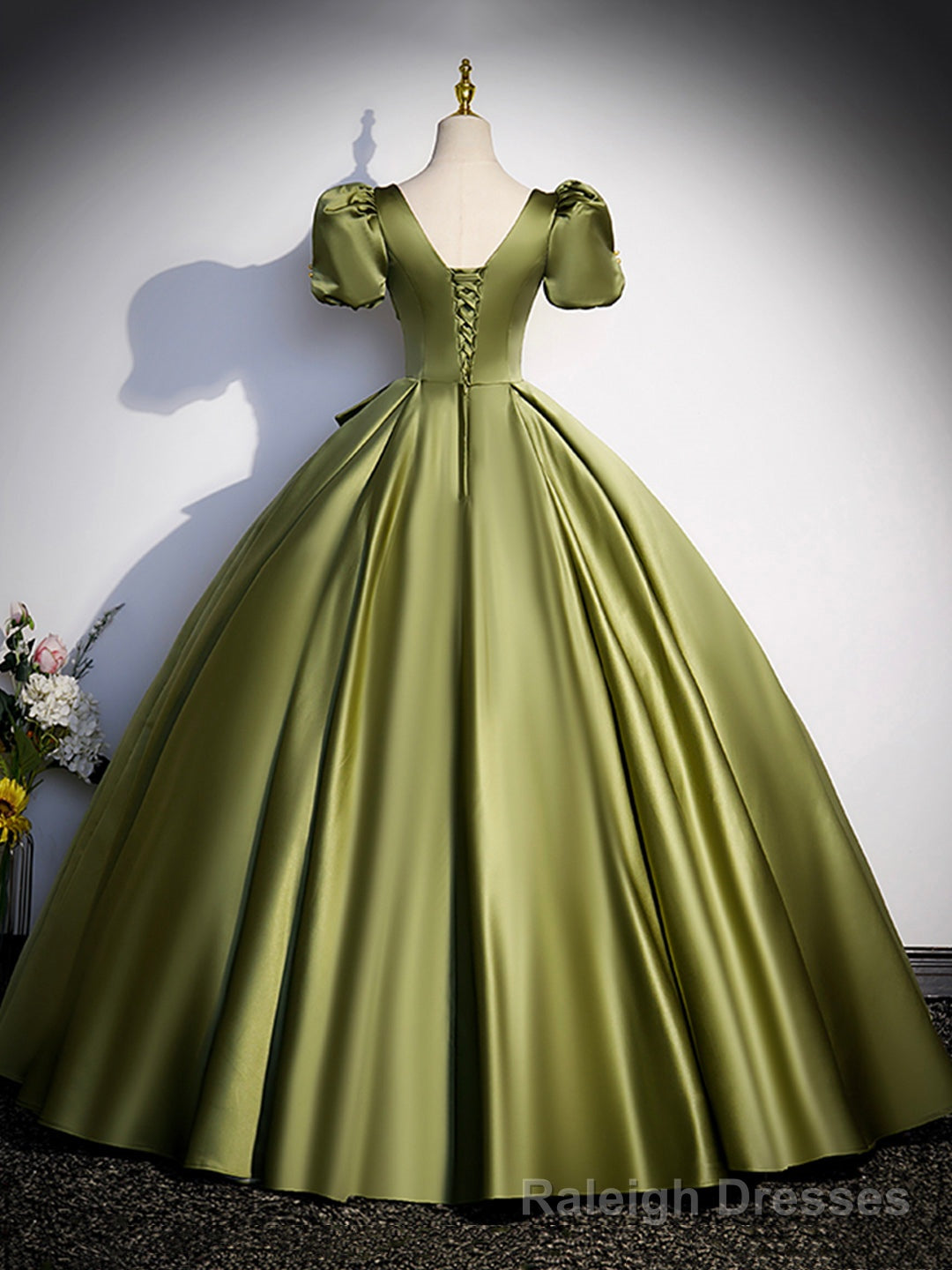 Green Satin Short Sleeve Floor Length Formal Dress, Green A Line Prom Dress