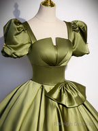 Green Satin Short Sleeve Floor Length Formal Dress, Green A Line Prom Dress