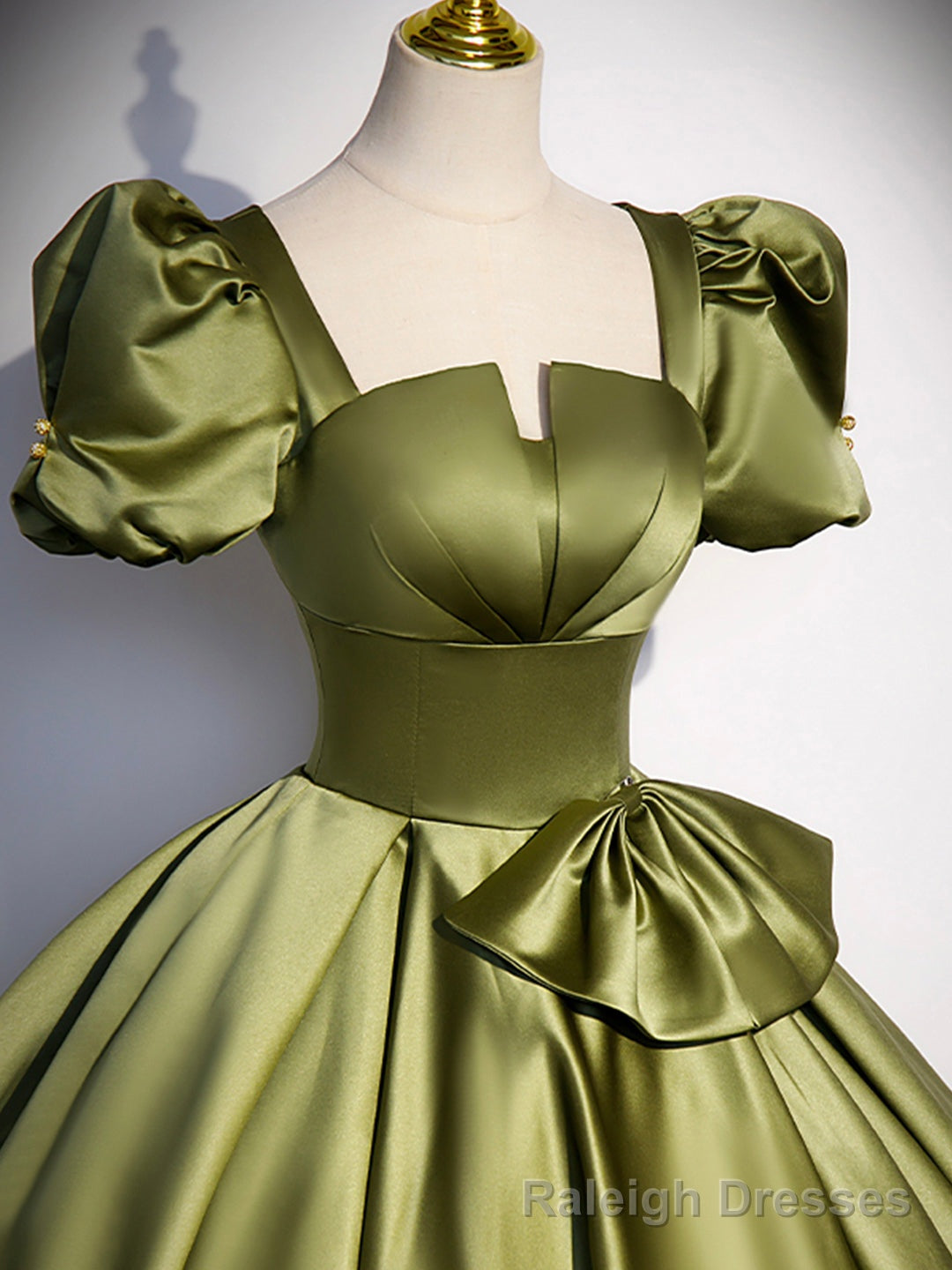 Green Satin Short Sleeve Floor Length Formal Dress, Green A Line Prom Dress