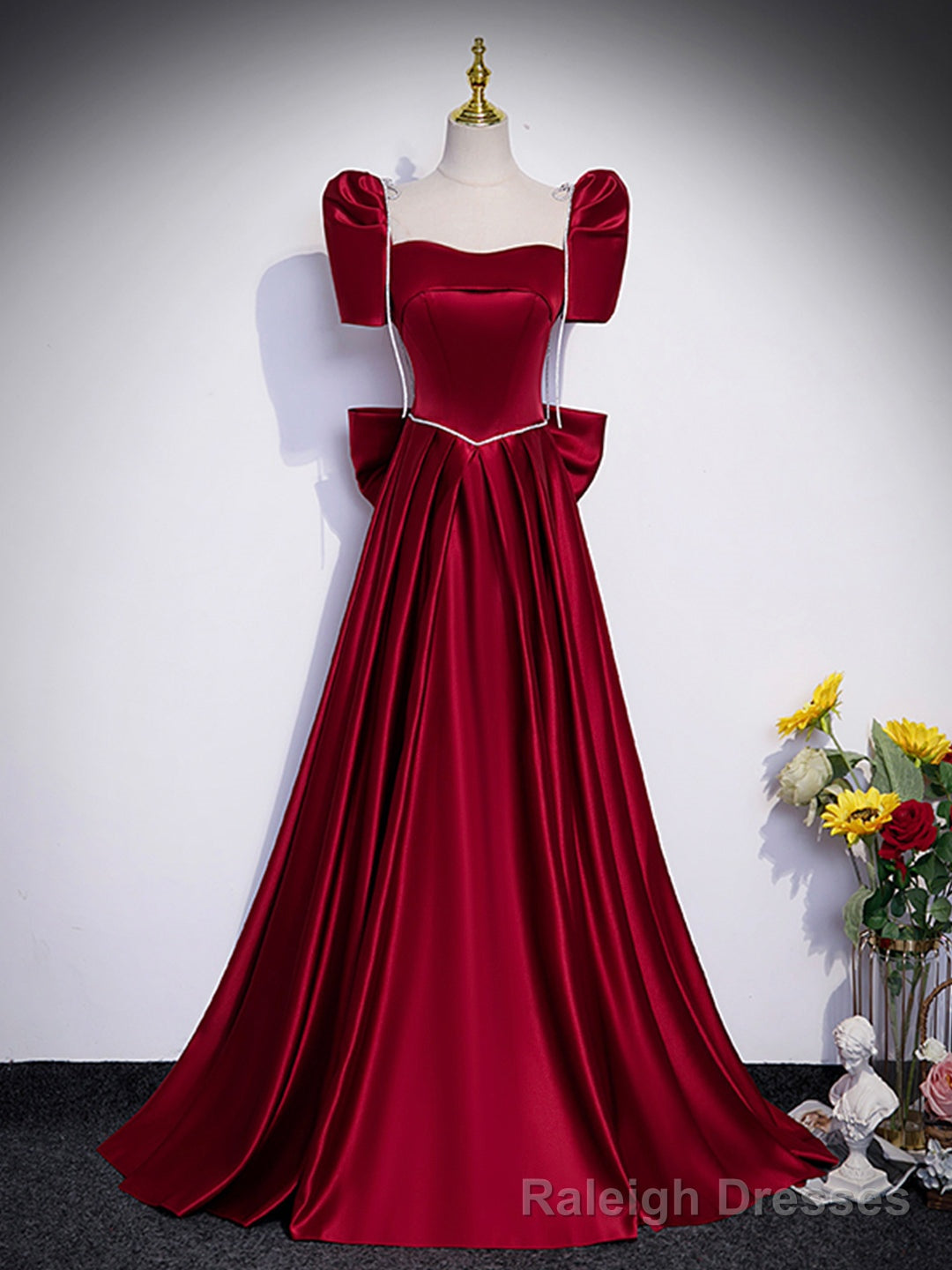 Beautiful Satin Floor Length Prom Dress with Bowknot, Burgundy Short Sleeve Evening Dress Main image