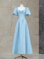 Blue Satin Pearl Long Prom Dress, A-Line Blue Evening Party Dress