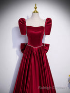 Beautiful Satin Floor Length Prom Dress with Bowknot, Burgundy Short Sleeve Evening Dress