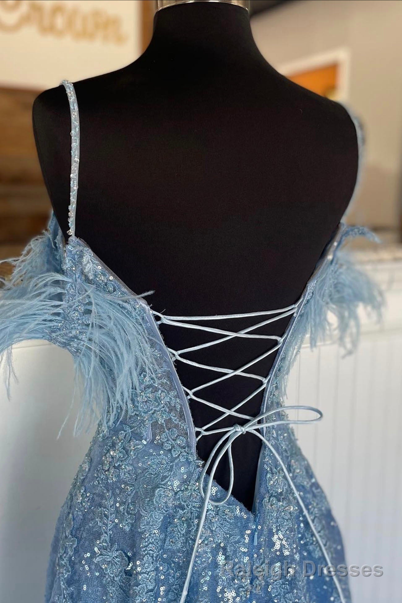 Blue Spaghetti Strap Sequined Lace Prom Dress, Blue Lace-Up Prom Dress
