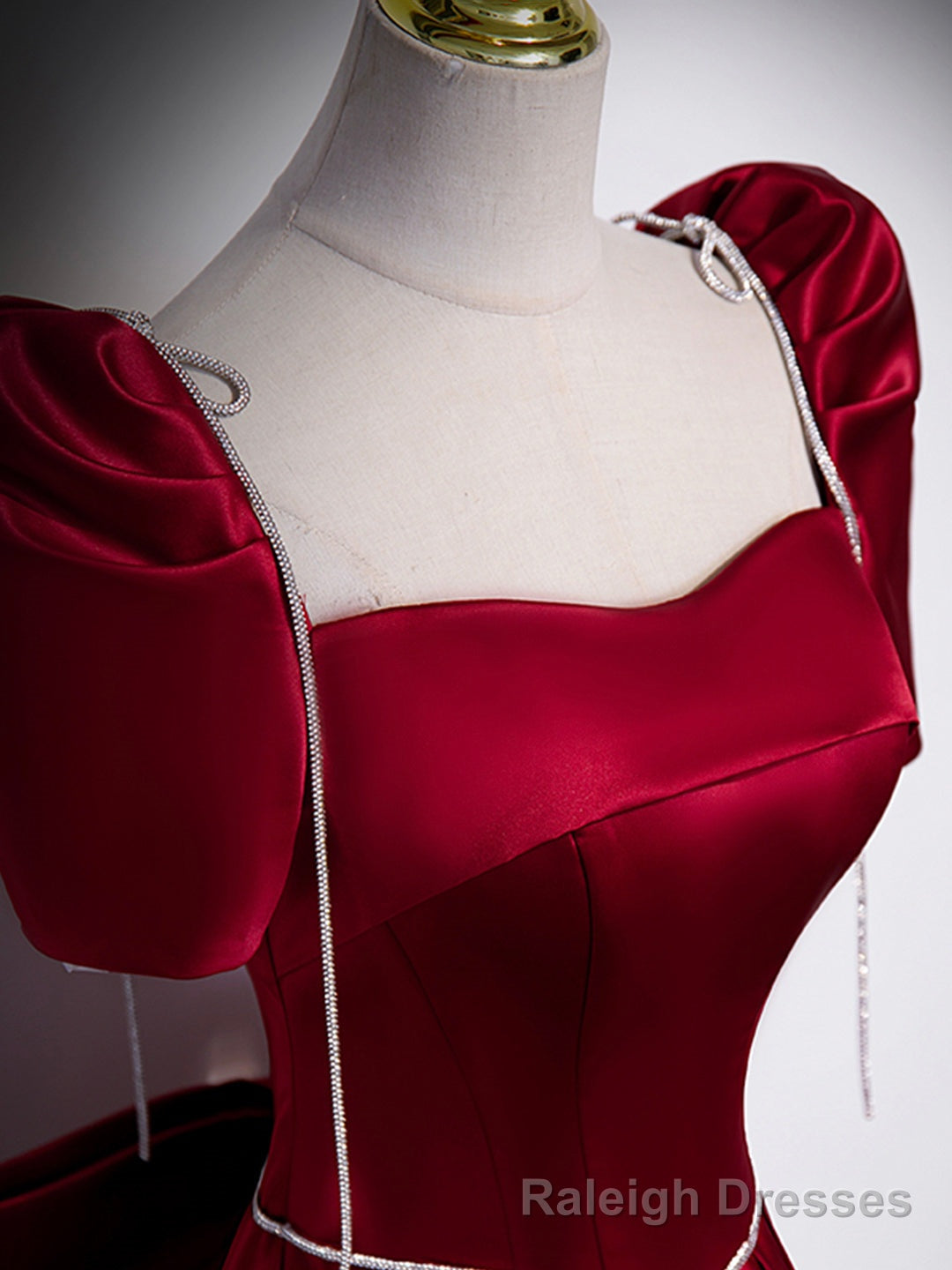 Beautiful Satin Floor Length Prom Dress with Bowknot, Burgundy Short Sleeve Evening Dress