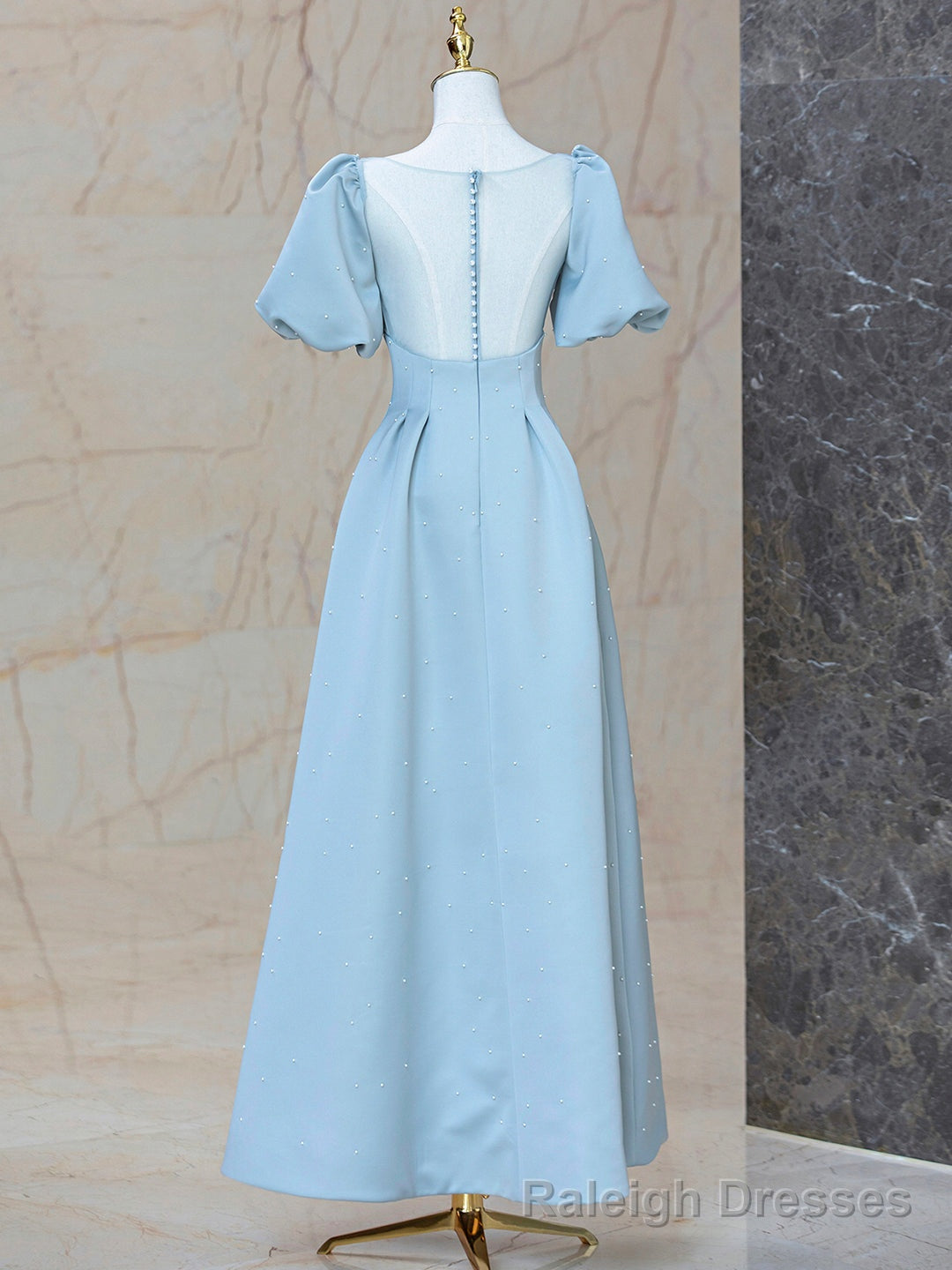 Blue Satin Pearl Long Prom Dress, A-Line Blue Evening Party Dress Secondary image