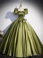 Green Satin Short Sleeve Floor Length Formal Dress, Green A Line Prom Dress