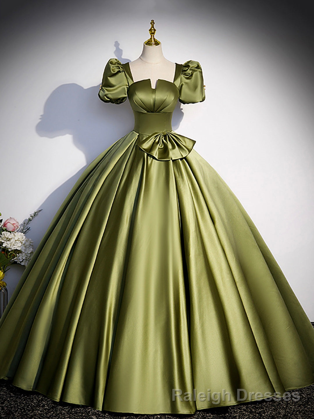 Green Satin Short Sleeve Floor Length Formal Dress, Green A Line Prom Dress