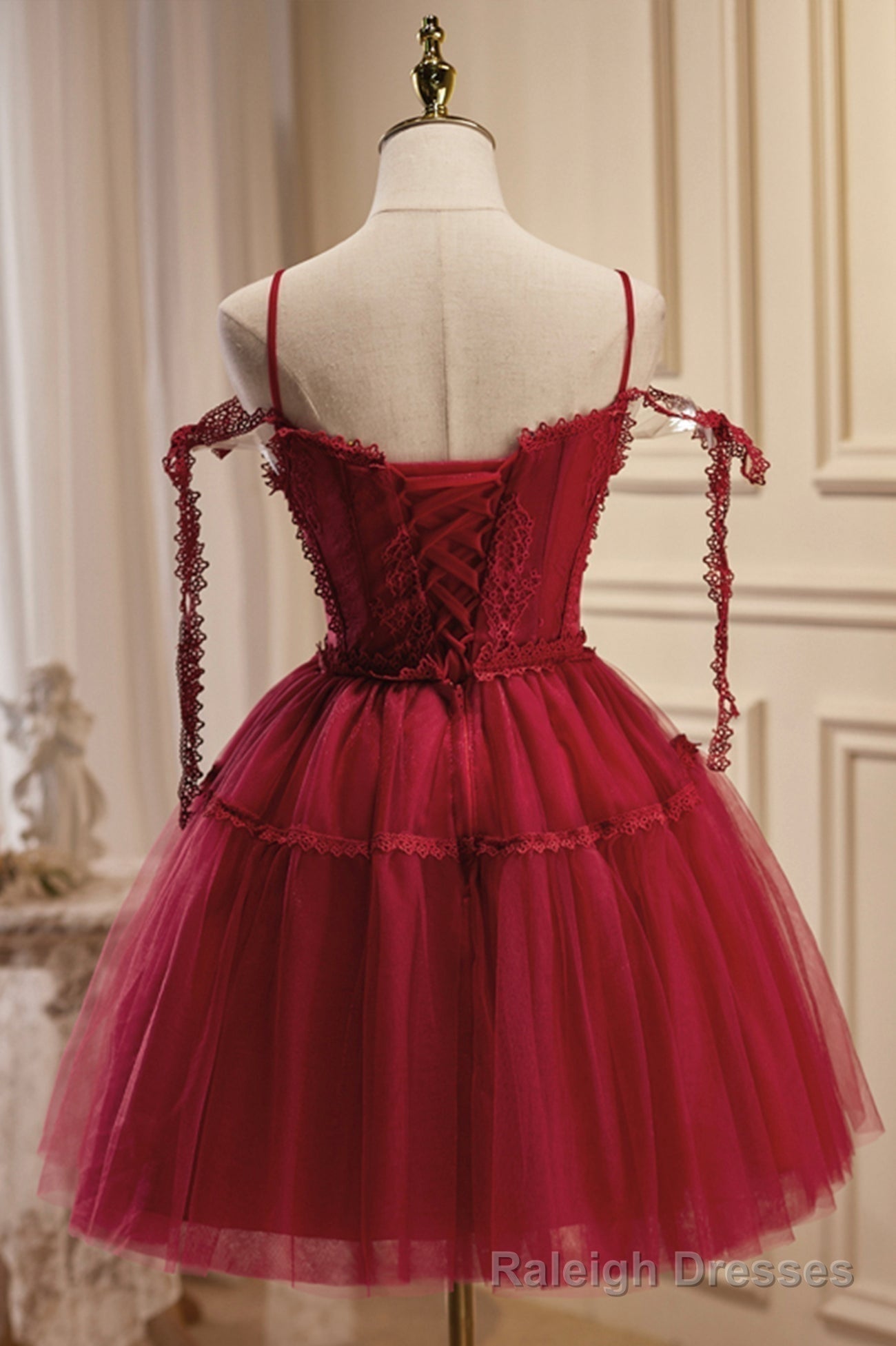 Burgundy Lace Short A Line Prom Dress, Cute Spaghetti Strap Prom Dress