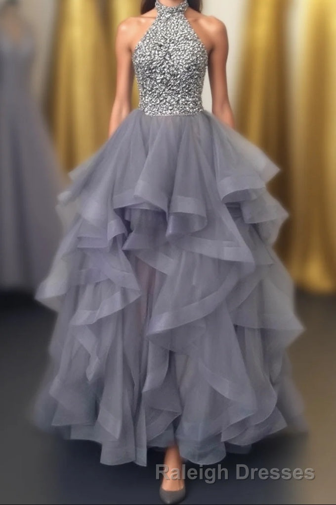 Grey Tulle Long Prom Dresses, A-Line Evening Dresses Main image