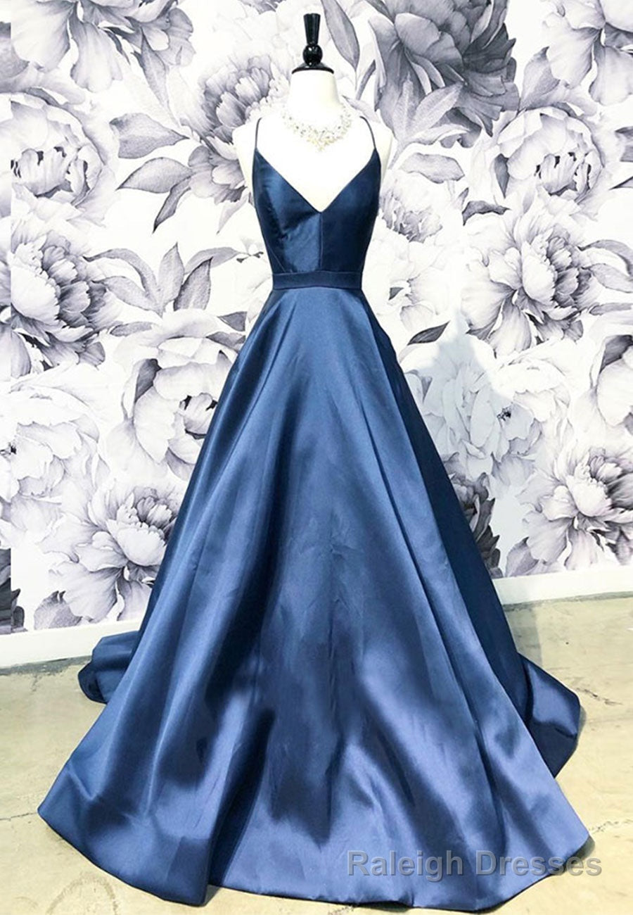 Blue Satin Long A-Line Prom Dress, Simple V-Neck Evening Dress Main image
