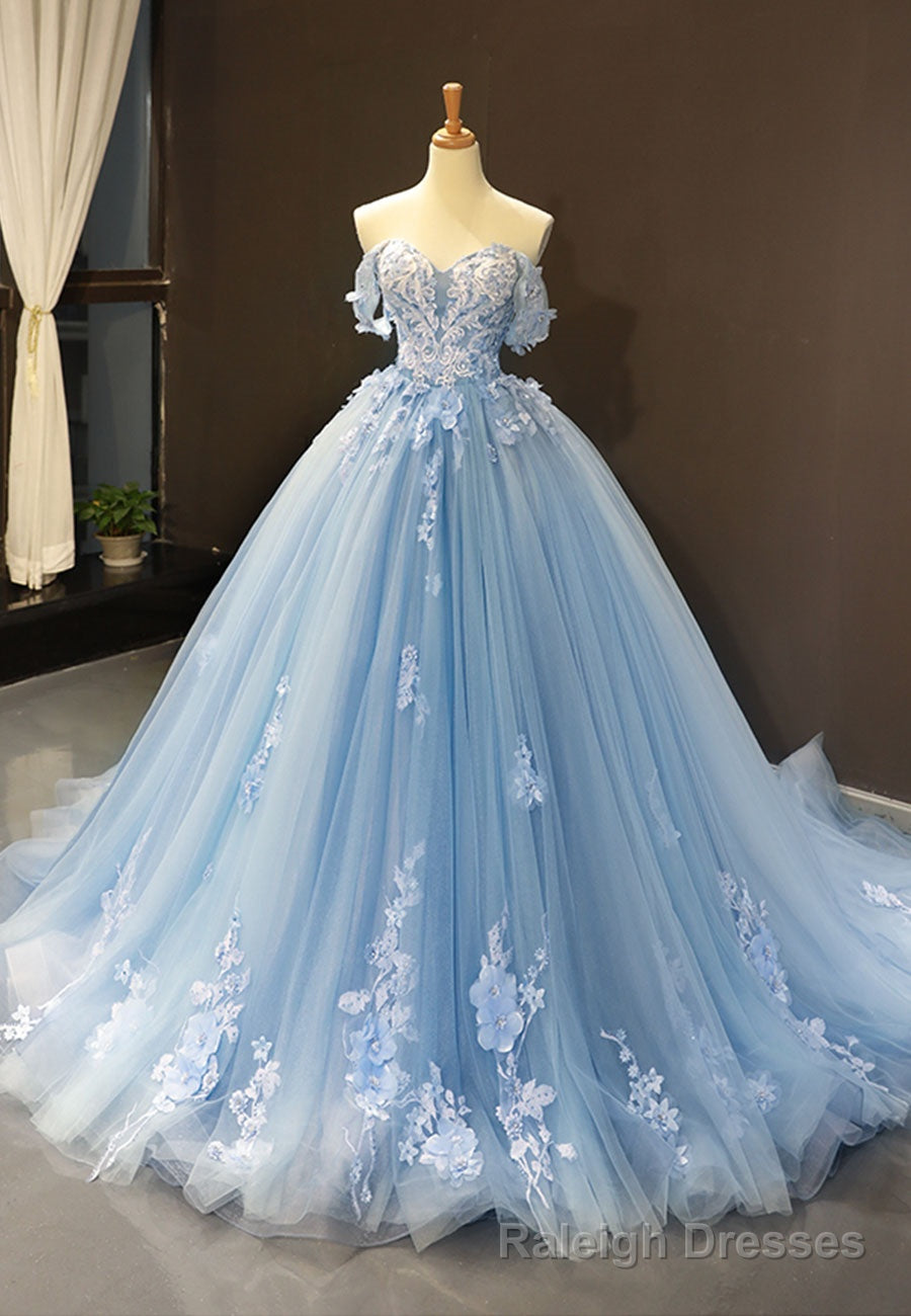 Blue Tulle Long A-Line Prom Dress, Off the Shoulder Evening Dress Secondary image