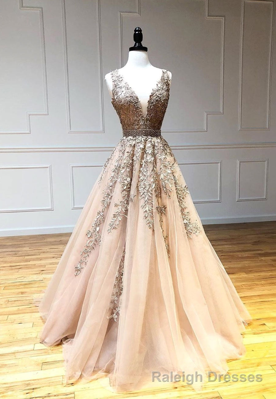 Plunging V Neck Tulle Long Prom Dresses, Lace Formal Dresses Main image