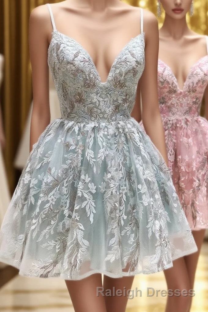 Cute V-Neck Lace Short Prom Dresses, A-Line Homecoming Dresses Main image