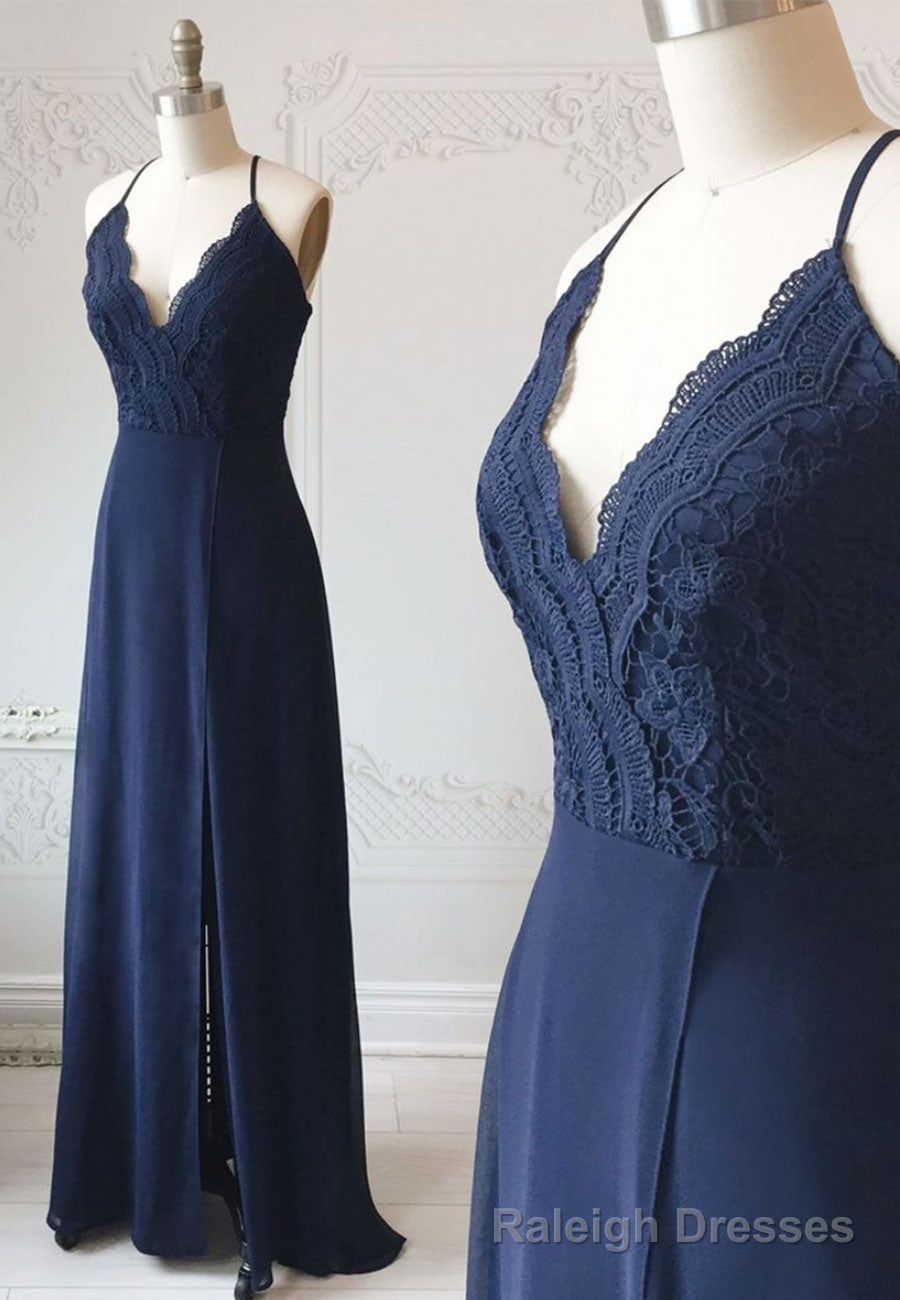 Blue Chiffon Lace Long Prom Dress, Blue A-Line Evening Dress Main image