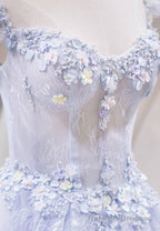 Light Blue Tulle Lace Long Prom Dress, A Line Graduation Dress