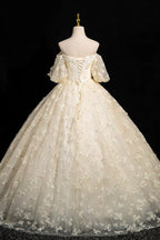 Lovely A Line Lace Floor Length Prom Dress, Champagne Off Shoulder Prom Formal Dress