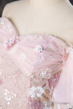 Lovely A-Line Off the Shoulder Sequins Prom Dress, Pink Tulle Corset Floor Length Evening Dress