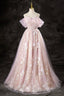 Lovely A-Line Off the Shoulder Sequins Prom Dress, Pink Tulle Corset Floor Length Evening Dress