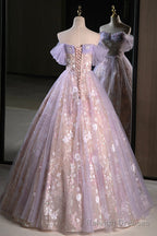 Lovely A Line Off the Shoulder Sequins Prom Dress, Purple Tulle Corset Floor Length Prom Dress