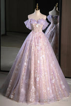 Lovely A-Line Off the Shoulder Sequins Prom Dress, Purple Tulle Corset Floor Length Evening Dress