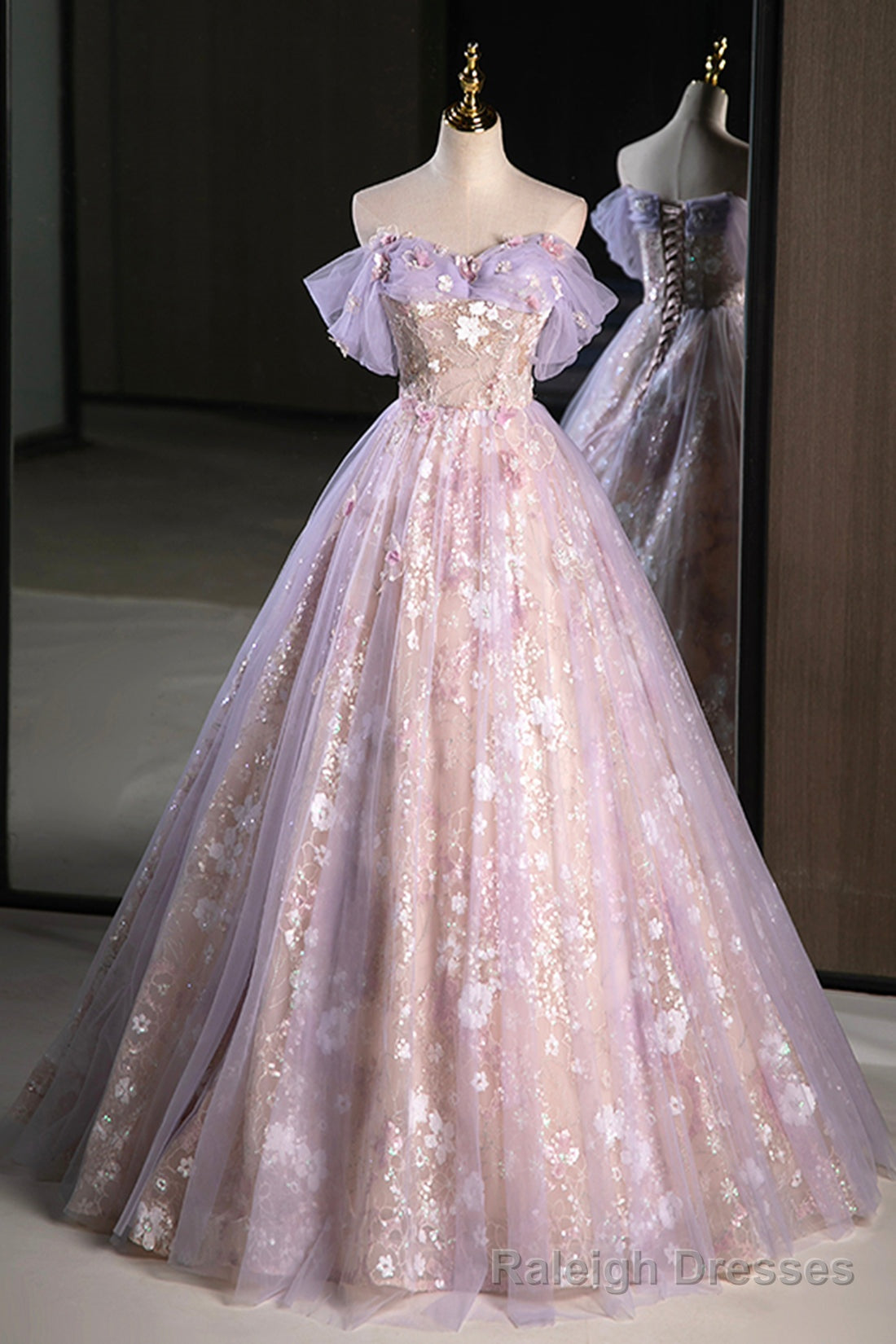 Lovely A Line Off the Shoulder Sequins Prom Dress, Purple Tulle Corset Floor Length Prom Dress
