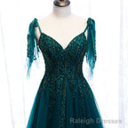 Lovely A Line Straps Tulle Teal Blue Long Prom Dress, A Line Formal Dresses
