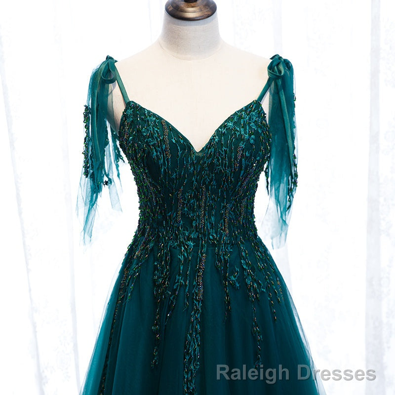 Lovely A-line Straps Tulle Teal Blue Long Evening Dress Prom Dress, A-line Formal Dresses