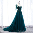 Lovely A Line Straps Tulle Teal Blue Long Prom Dress, A Line Formal Dresses