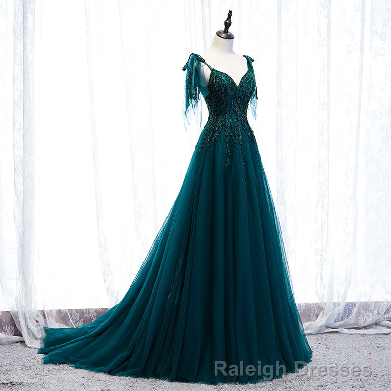 Lovely A Line Straps Tulle Teal Blue Long Prom Dress, A Line Formal Dresses