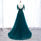 Lovely A Line Straps Tulle Teal Blue Long Prom Dress, A Line Formal Dresses