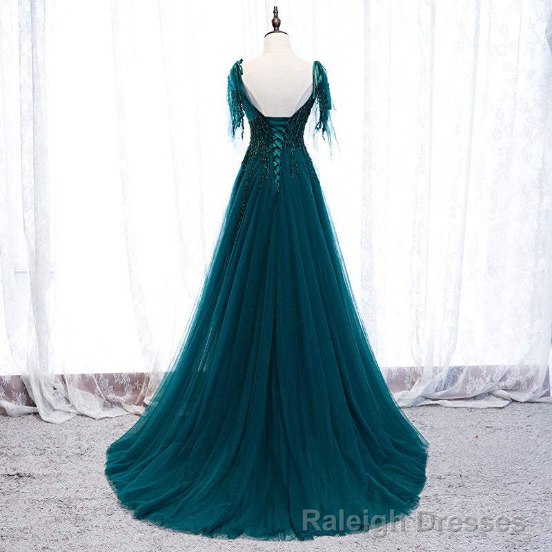 Lovely A Line Straps Tulle Teal Blue Long Prom Dress, A Line Formal Dresses