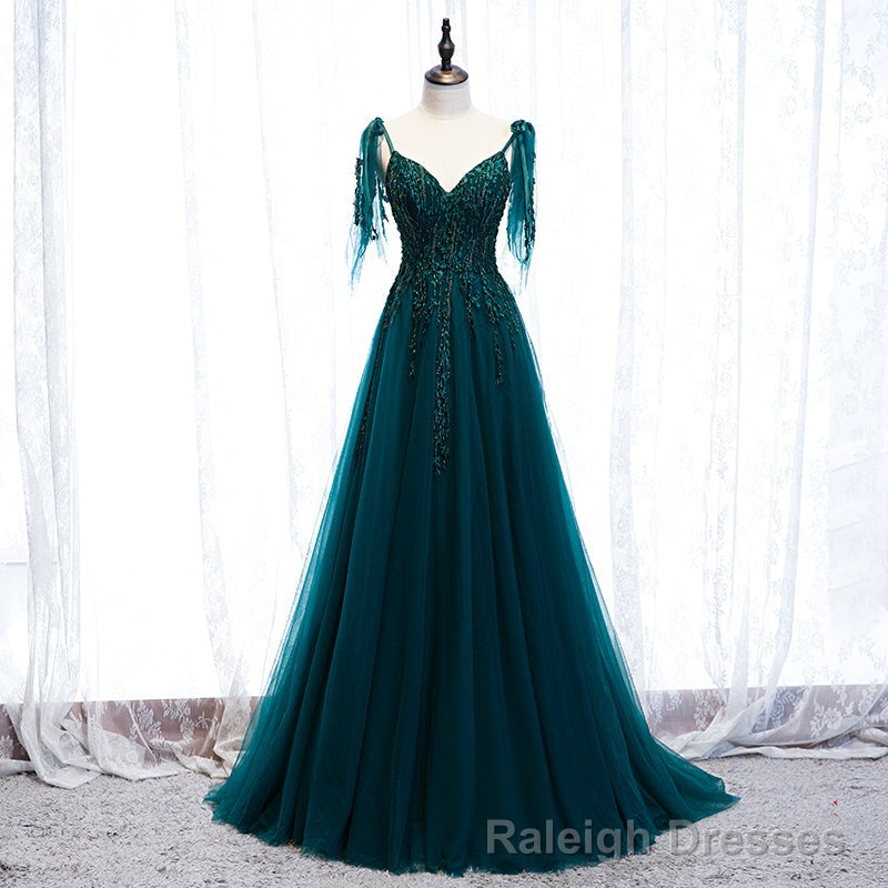 Lovely A-line Straps Tulle Teal Blue Long Evening Dress Prom Dress, A-line Formal Dresses