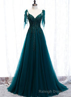 Lovely A-line Straps Tulle Teal Blue Long Evening Dress Prom Dress, A-line Formal Dresses