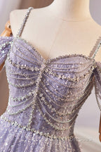 Lovely A-Line Tulle Sequins Floor Length Prom Dress, Off The Shoulder Evening Party Dress