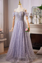 Lovely A-Line Tulle Sequins Floor Length Prom Dress, Off The Shoulder Evening Party Dress