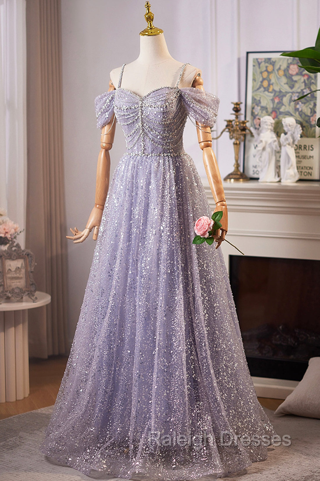 Lovely A-Line Tulle Sequins Floor Length Prom Dress, Off The Shoulder Evening Party Dress