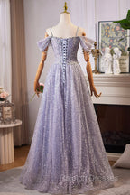 Lovely A-Line Tulle Sequins Floor Length Prom Dress, Off The Shoulder Evening Party Dress