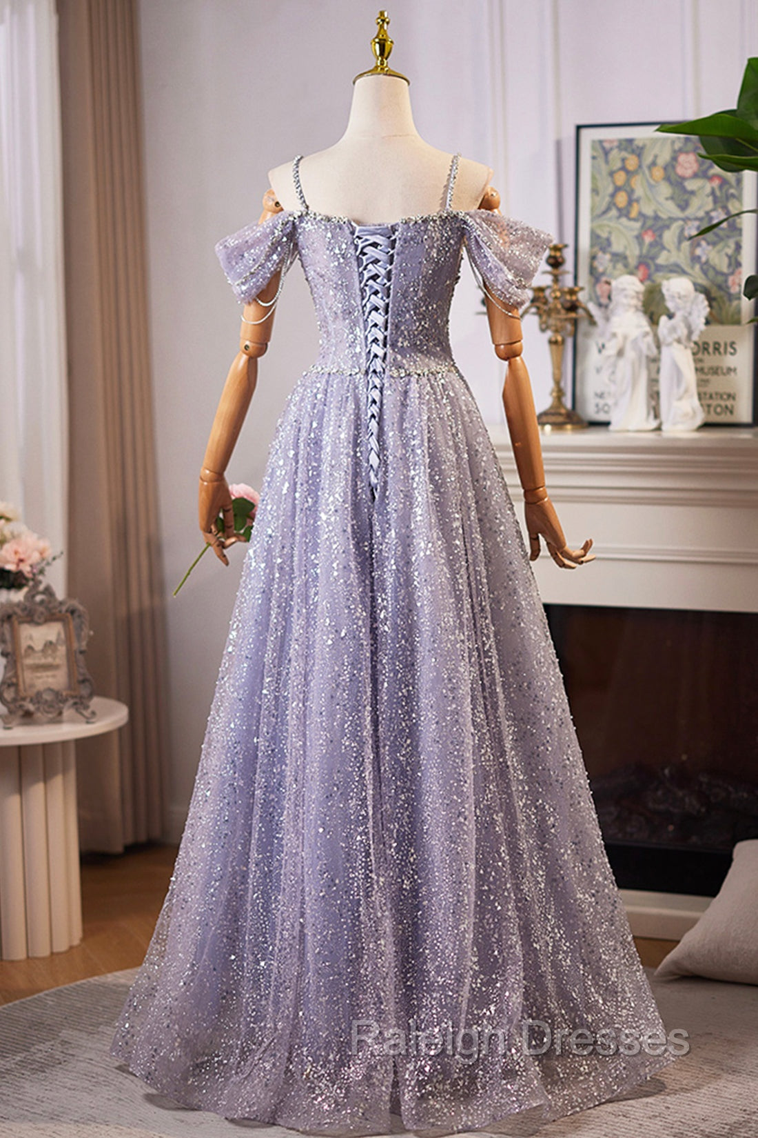 Lovely A-Line Tulle Sequins Floor Length Prom Dress, Off The Shoulder Evening Party Dress