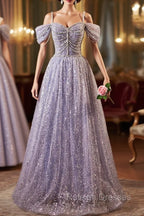 Lovely A-Line Tulle Sequins Floor Length Prom Dress, Off The Shoulder Evening Party Dress