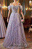 Lovely A-Line Tulle Sequins Floor Length Prom Dress, Off The Shoulder Evening Party Dress