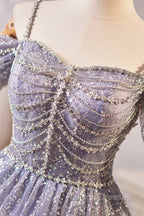 Lovely A-Line Tulle Sequins Knee Length Prom Dress, Off The Shoulder Evening Party Dress