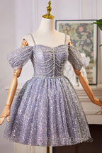 Lovely A-Line Tulle Sequins Knee Length Prom Dress, Off The Shoulder Evening Party Dress