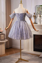 Lovely A-Line Tulle Sequins Knee Length Prom Dress, Off The Shoulder Evening Party Dress