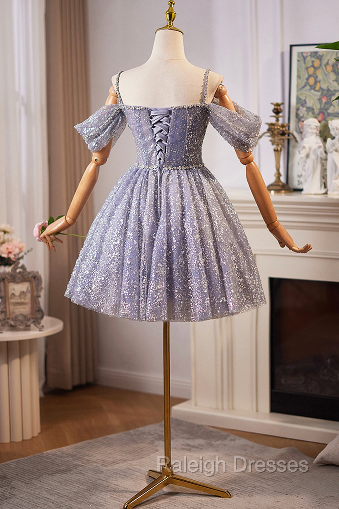 Lovely A-Line Tulle Sequins Knee Length Prom Dress, Off The Shoulder Evening Party Dress